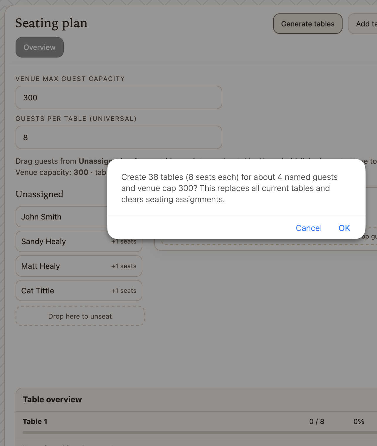 Generate tables dialog confirming 38 tables of 8 for a 300-person venue capacity