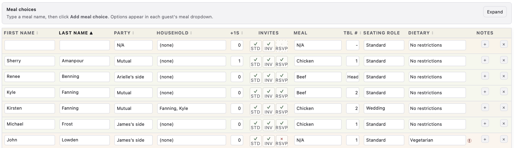 Guest list with RSVP tracking, meal choices, and contact details in one table